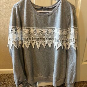 SHEIN Gray Sweater with White Lace Detail
